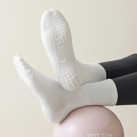 Women Non Slip Yoga Pilates Socks Mid Tube Cotton Anti Skid Fitness Dance Sports Socks Breathable Athletic Socks