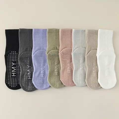 Women Non Slip Yoga Pilates Socks Mid Tube Cotton Anti Skid Fitness Dance Sports Socks Breathable Athletic Socks