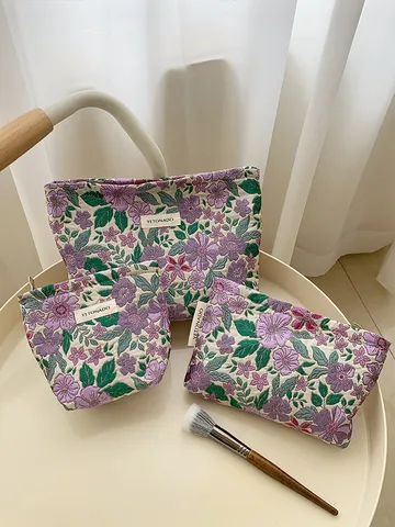 Vintage French Floral Jacquard Cosmetic Bag Large Capacity Portable Handbag Toiletry Storage Bag Makeup Pouch For Women