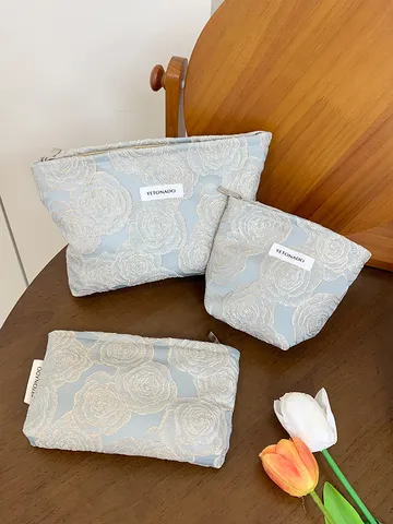 Women Portable Cosmetic Bag Embossed Rose Pattern Large Capacity Makeup Pouch Travel Storage Handbag