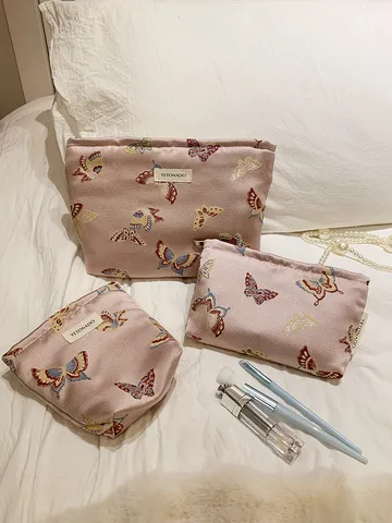 Women's Large Capacity Cosmetic Bag Portable Travel Toiletry Organizer Butterfly Print Satin Makeup Pouch