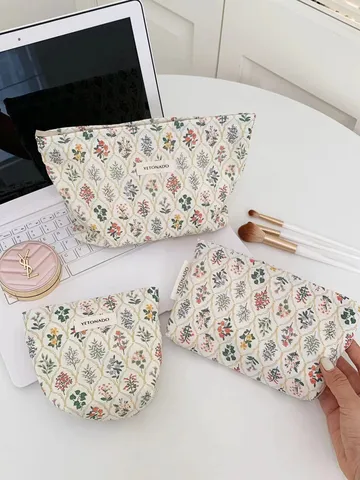 Japanese Fresh Floral Large Capacity Cosmetic Bag Cotton Canvas Makeup Pouch Portable Toiletry Organizer Handbag Storage Bag
