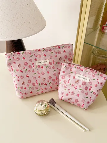 Womens Cute Floral Makeup Bag Portable Cosmetic Storage Pouch Travel Wash Bag Zipper Handbag Daily Toiletry Organizer
