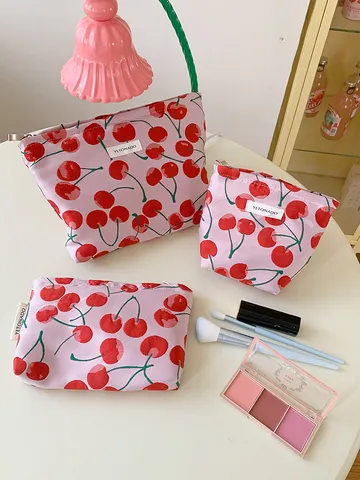 Women's Large Capacity Cosmetic Bag Portable Jacquard Makeup Pouch Cherry Print Travel Toiletry Storage Organizer