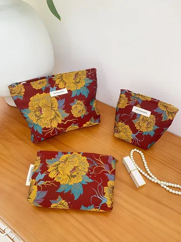 Vintage Floral Brocade Cosmetic Bag Large Capacity Travel Makeup Pouch Toiletry Organizer Handbag For Women