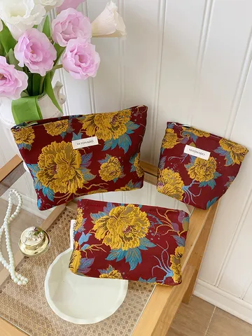 Vintage Floral Brocade Cosmetic Bag Large Capacity Travel Makeup Pouch Toiletry Organizer Handbag For Women