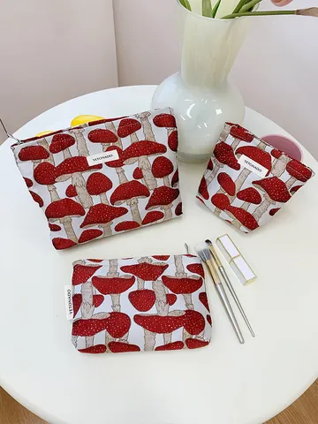 Portable Canvas Cosmetic Bag Ramie Cotton Linen Plant Embroidery Toiletry Storage Bag Large Capacity Makeup Bag