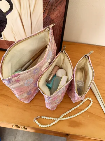 Women Portable Cosmetic Bag Floral Jacquard Makeup Pouch Travel Toiletry Organizer Handbag Wash Bag