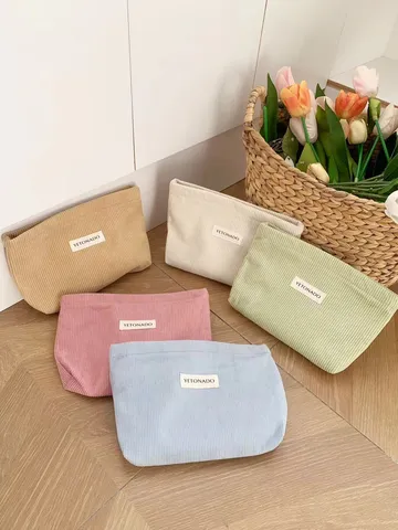 Solid Color Corduroy Cosmetic Bag Large Capacity Portable Makeup Pouch Handbag Travel Toiletry Organizer Zipper Bag