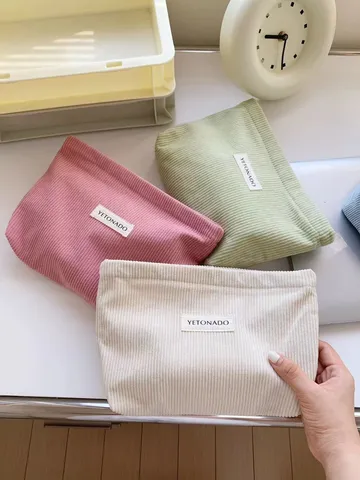 Solid Color Corduroy Cosmetic Bag Large Capacity Portable Makeup Pouch Handbag Travel Toiletry Organizer Zipper Bag