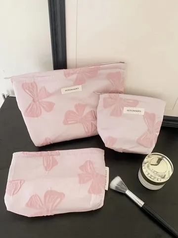 Vintage Bowknot Jacquard Cosmetic Bag Portable Large Capacity Makeup Pouch Travel Toiletry Organizer Handbag For Women