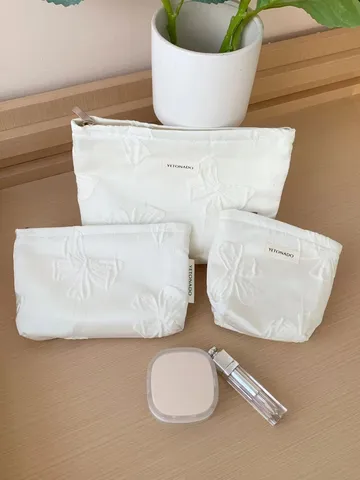 Vintage Bowknot Jacquard Cosmetic Bag Portable Large Capacity Makeup Pouch Travel Toiletry Organizer Handbag For Women