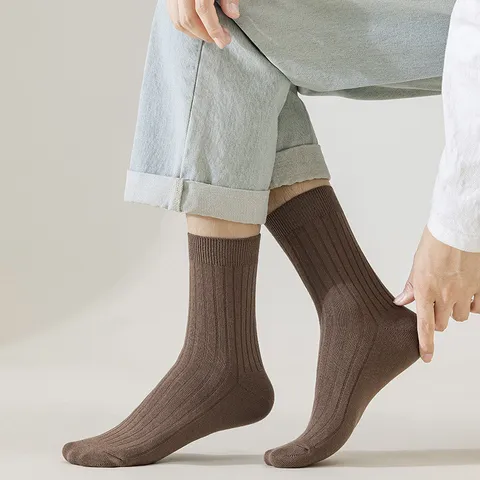 Men's Casual Crew Socks Pure Cotton Business Striped Sweat Absorbent Breathable Four Season Solid Color Dress Socks