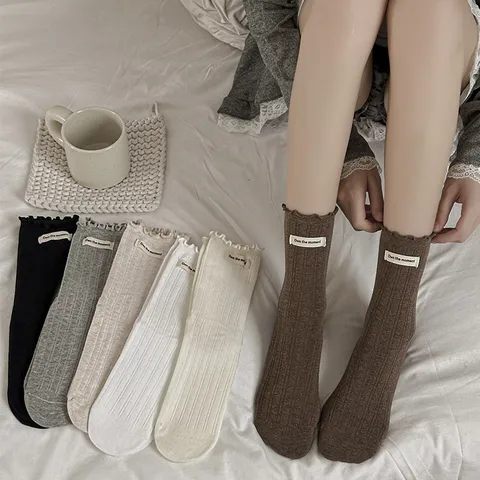 Damen Spitzenbesatz Rippstrick Mittelhohe Socken Baumwolle Japanisch Lolita Süß Casual Slouch Socken