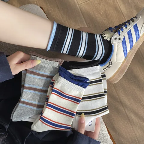 Dames Retro Kleurblok Gerolde Rand Gestreepte Slouch Sokken Casual Veelzijdige Halte Sokken