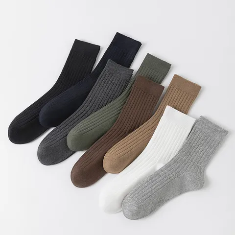 Men's Casual Crew Socks Pure Cotton Business Striped Sweat Absorbent Breathable Four Season Solid Color Dress Socks