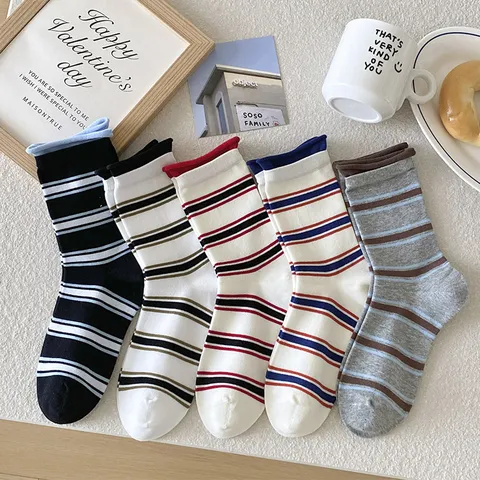 Dames Retro Kleurblok Gerolde Rand Gestreepte Slouch Sokken Casual Veelzijdige Halte Sokken