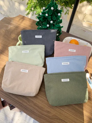 Corduroy Makeup Bag Large Capacity Travel Cosmetic Pouch Solid Color Zipper Toiletry Organizer Handbag For Women