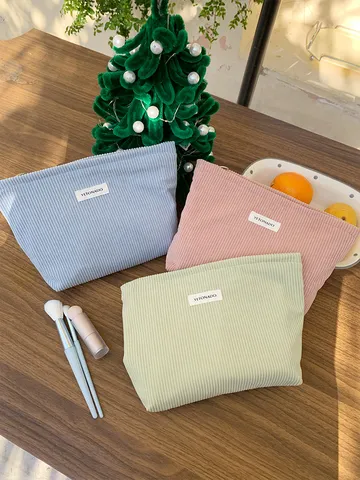 Corduroy Makeup Bag Large Capacity Travel Cosmetic Pouch Solid Color Zipper Toiletry Organizer Handbag For Women