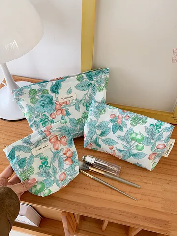 Fresh Floral Cotton Cosmetic Bag Large Capacity Makeup Pouch Zipper Toiletry Storage Organizer Portable Travel