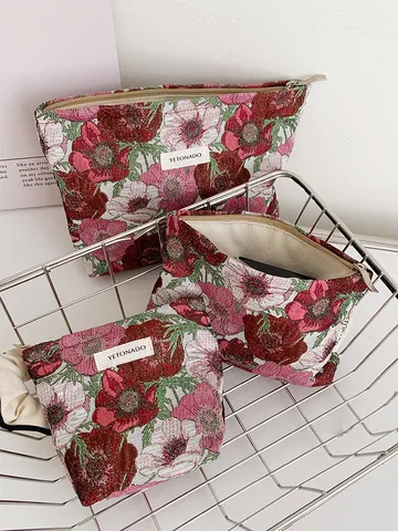 Women Floral Jacquard Cosmetic Bag Portable Makeup Pouch Travel Toiletry Organizer Handbag