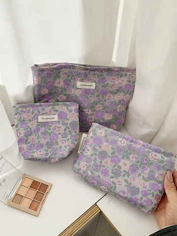 Floral Jacquard Cosmetic Bag Portable Travel Toiletry Bag Makeup Organizer For Women Daily Storage Pouch