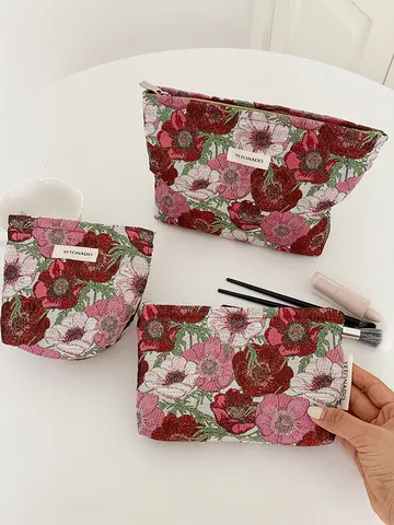 Women Floral Jacquard Cosmetic Bag Portable Makeup Pouch Travel Toiletry Organizer Handbag