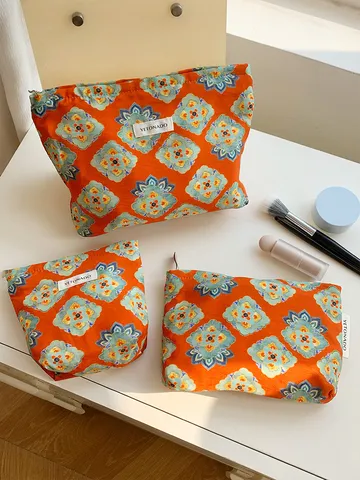 Women Portable Ethnic Style Geometric Print Cosmetic Bag Large Capacity Travel Makeup Pouch Vintage Toiletry Organizer
