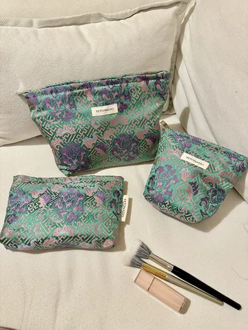Chinese Retro Peony Floral Jacquard Cosmetic Bag Portable Travel Makeup Pouch Toiletry Storage Organizer Handbag