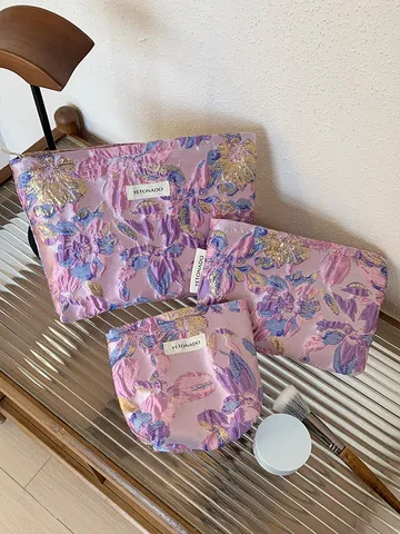 Large Capacity Cosmetic Bag Waterproof Floral Jacquard Travel Toiletry Organizer Portable Makeup Pouch For Women