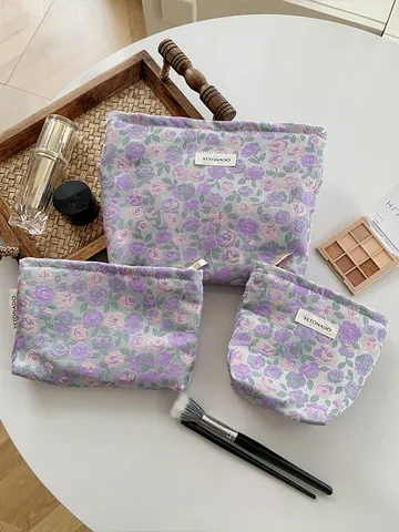 Floral Jacquard Cosmetic Bag Portable Travel Toiletry Bag Makeup Organizer For Women Daily Storage Pouch