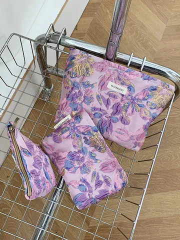 Large Capacity Cosmetic Bag Waterproof Floral Jacquard Travel Toiletry Organizer Portable Makeup Pouch For Women