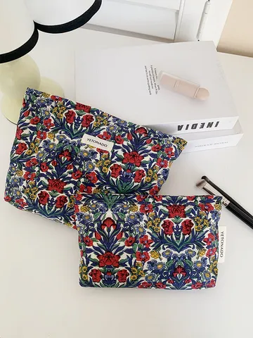Retro Floral Cosmetic Bag Vintage Polyester Makeup Pouch Portable Travel Toiletry Organizer Large Medium Small Handbag