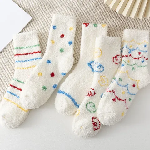 Women Winter Warm Coral Fleece Mid Calf Socks Thickened Plush Floor Sleeping Socks Cute Indoor Home Hosiery
