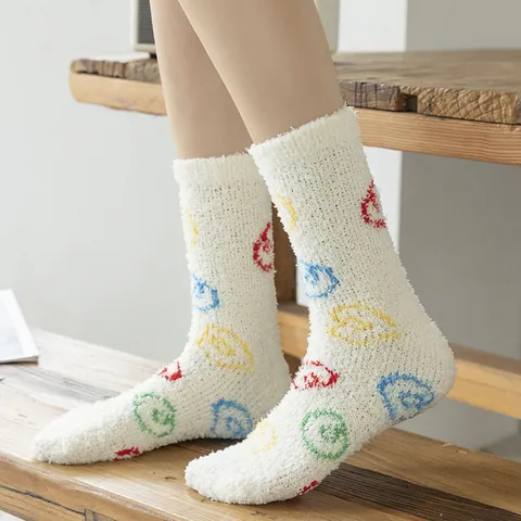 Women Winter Warm Coral Fleece Mid Calf Socks Thickened Plush Floor Sleeping Socks Cute Indoor Home Hosiery
