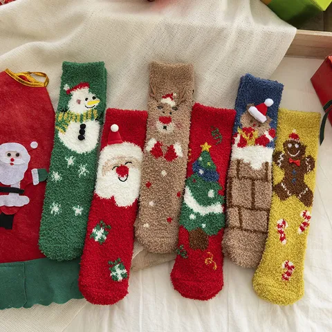 Thickened Coral Fleece Christmas Socks Cute Cartoon Santa Elk Tree Printed Winter Warm Sleep Floor Socks For Unisex