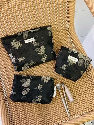 Black Floral Polyester Cosmetic Bag Large Medium Small Toiletry Pouch Travel Makeup Organizer Handbag