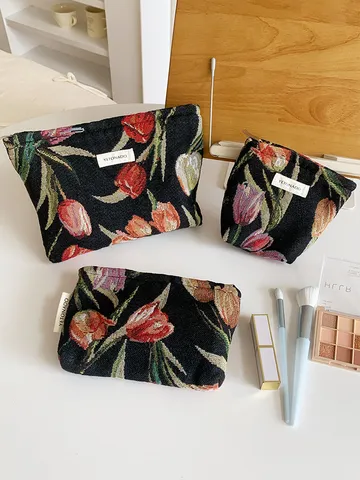 French Vintage Tulip Jacquard Cosmetic Bag Large Capacity Portable Travel Toiletry Organizer Clutch Makeup Bag