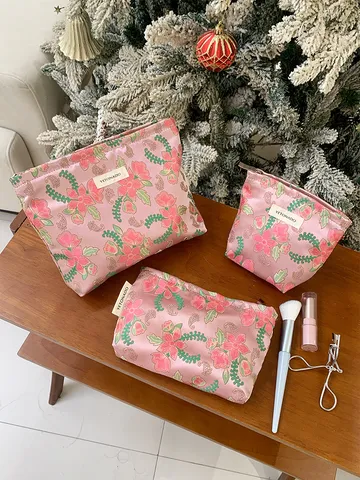 Portable Cosmetic Bag Jacquard Fabric Floral Makeup Pouch Travel Toiletry Storage Bag Small Square Clutch Pencil Case