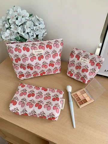 Cute Strawberry Print Cosmetic Bag Large Capacity Portable Makeup Pouch Travel Storage Organizer Clutch Purse for Women