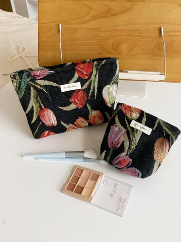 French Vintage Tulip Jacquard Cosmetic Bag Large Capacity Portable Travel Toiletry Organizer Clutch Makeup Bag