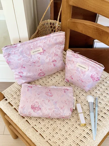 Floral Print Cosmetic Bag Large Capacity Travel Toiletry Organizer Vintage Jacquard Makeup Pouch For Women