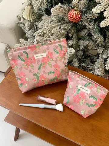 Portable Cosmetic Bag Jacquard Fabric Floral Makeup Pouch Travel Toiletry Storage Bag Small Square Clutch Pencil Case
