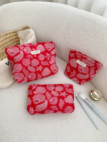 Women Fashion Cosmetic Bag Large Capacity Shell Print Travel Toiletry Organizer Portable Makeup Pouch Handbag