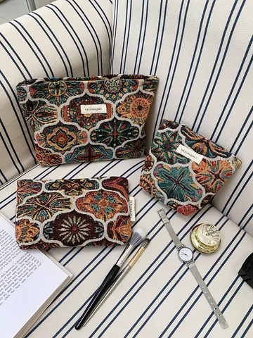 Vintage Retro Contrast Plaid Cosmetic Bag Large Capacity Portable Travel Toiletry Bag Makeup Organizer Pouch For Women