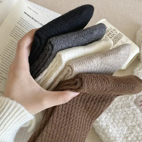 Women Winter Thickened Warm Wool Crew Socks Vintage Solid Color Double Knit Casual Long Boot Socks