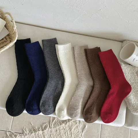 Women Winter Thickened Warm Wool Crew Socks Vintage Solid Color Double Knit Casual Long Boot Socks