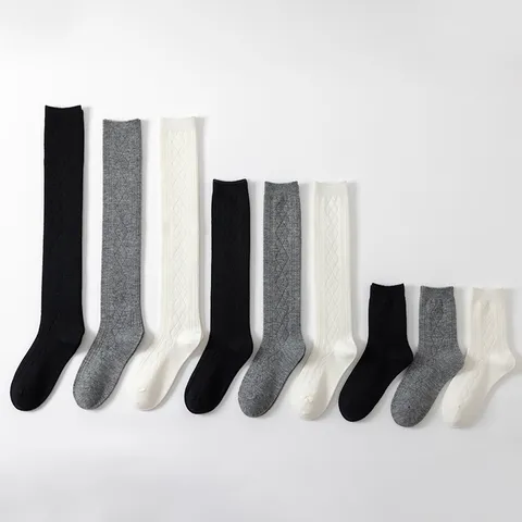Chaussettes Cuissardes en Cachemire pour Femmes Bas Longs en Laine Thermique Motif Losange Chaussettes Hautes d'Hiver Chaudes