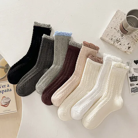 Women Casual Cable Knit Mid Calf Socks Sweet Ruffle Bubble Cuff Cotton Blend Hosiery Retro Loafers Mary Jane Socks