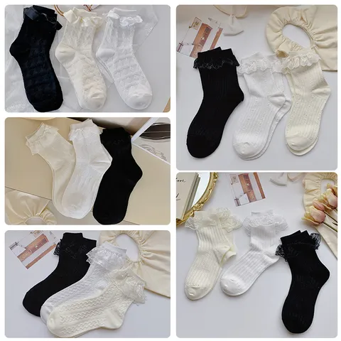 Damen Süß Lolita Spitze Rüsche Wadenlange Socken Japanische JK Uniform Schleife Baumwollmischung Süße Strumpfwaren Mode Accessoires